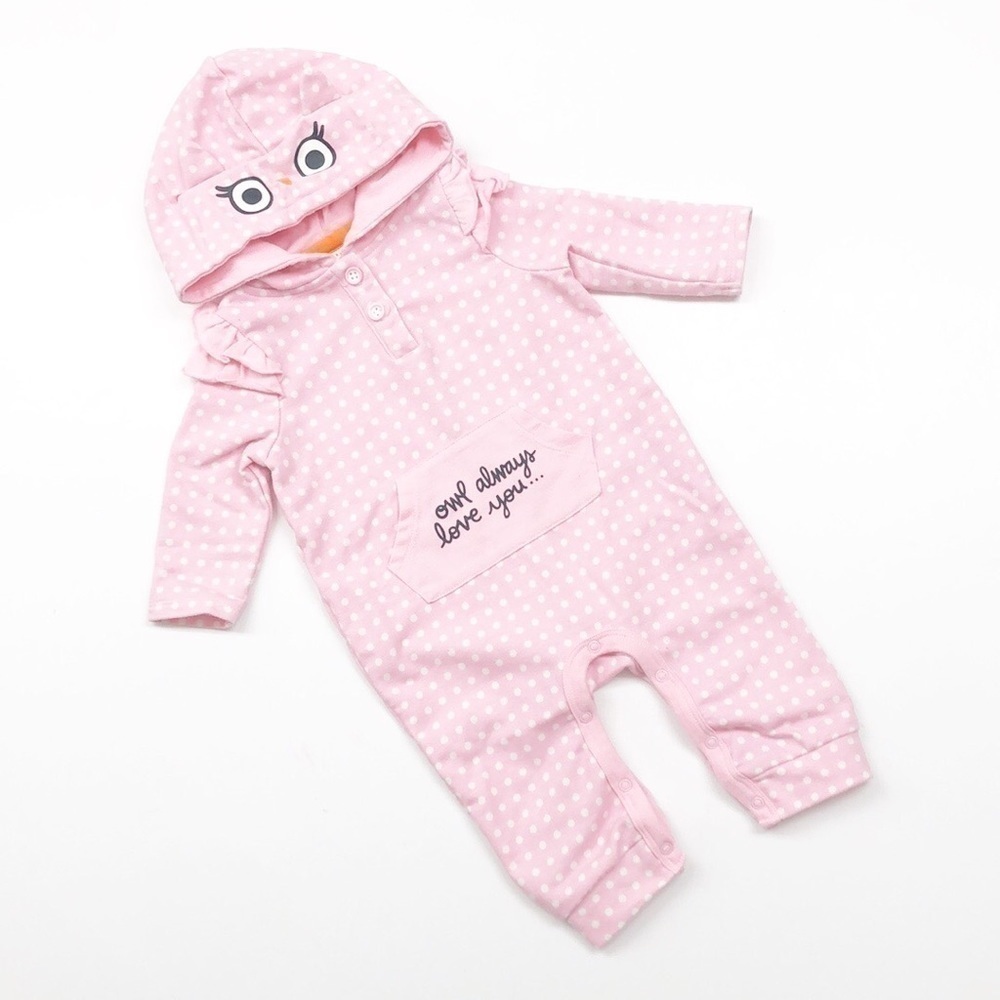 Baby Cat & Jack Owl pink/white dot print jumpsuit with hood